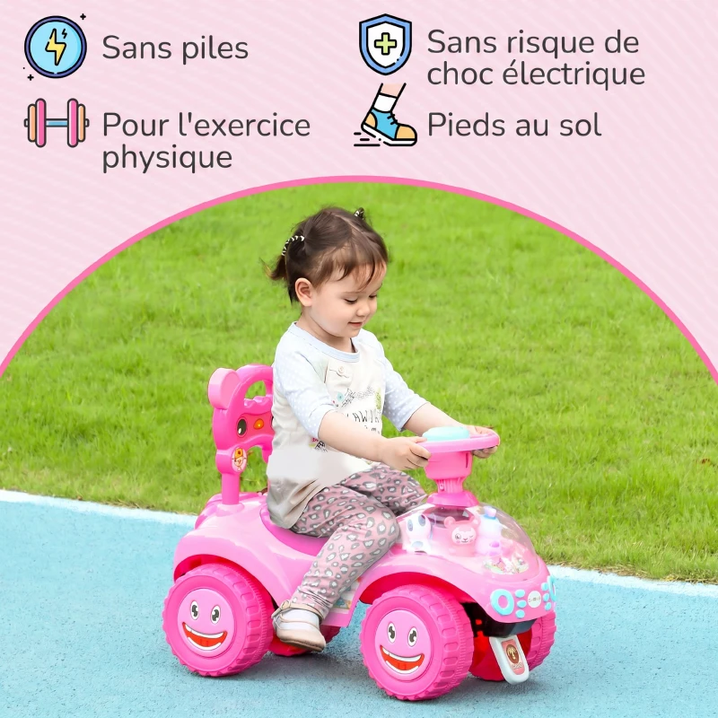 AIYAPLAY Voiture Porteur pour Enfants, Véhicule à Pousser avec Klaxon, Lumières, Musique, Volant, Rangement Sous le Siège, Rose