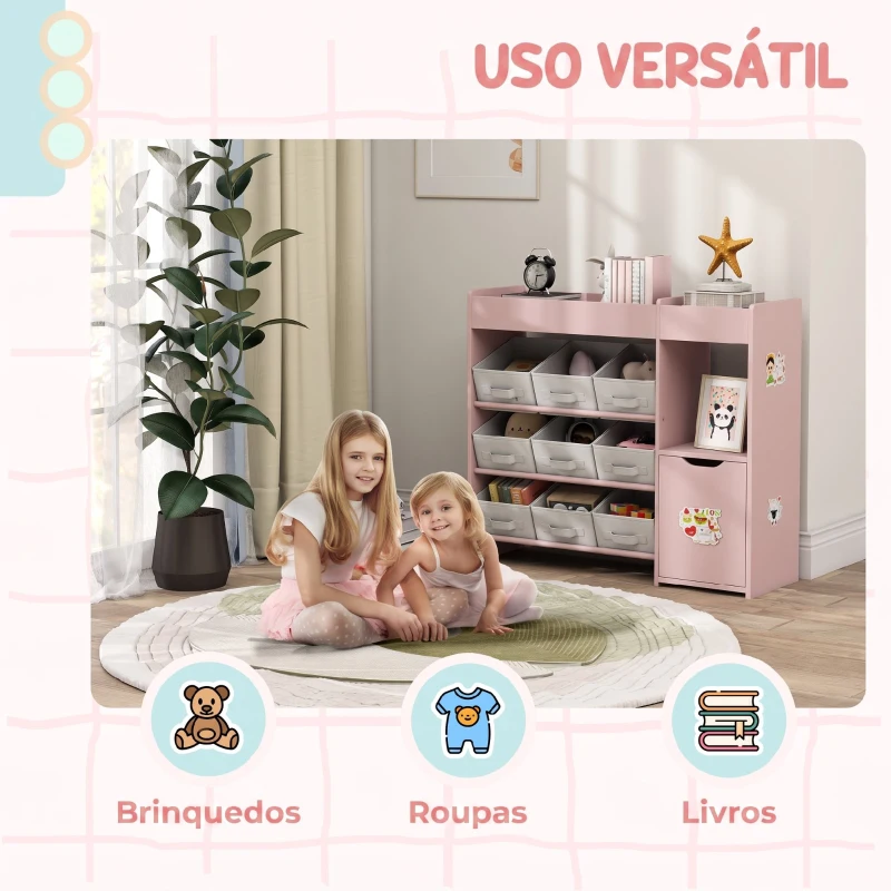 AIYAPLAY Organizador Infantil com Compartimentos, 9 Cestos Amovíveis e Autocolantes, 92x30x80 cm, Rosa