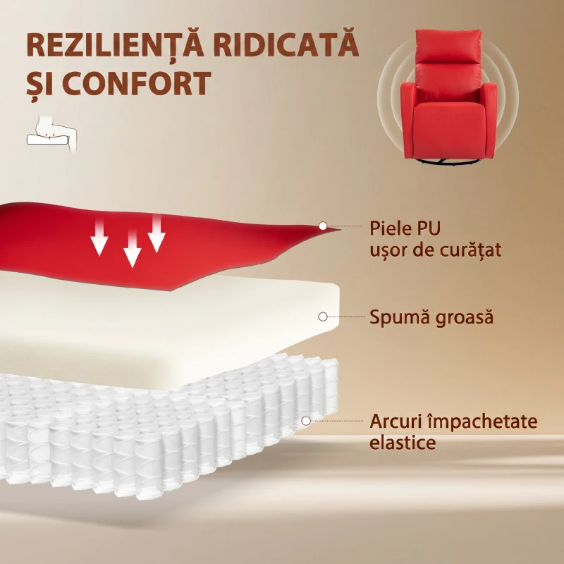 HOMCOM Fotoliu Masaj Reclinabil Cu Încălzire, Gireabil Din Piele PU Cu Suport Pentru Picioare și Telecomandă, Roșu