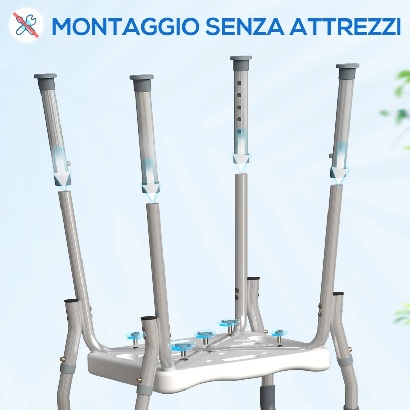HOMCOM Sgabello per Doccia Regolabile con Braccioli e Fori di Drenaggio in Alluminio, 52x45x57-69 cm, Grigio