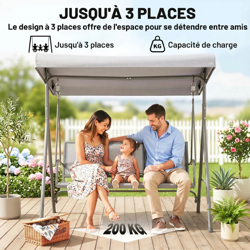 Outsunny Balancelle de Jardin 3 Places Toit Inclinaison réglable Assise et Dossier Ergonomique Acier textilène Gris