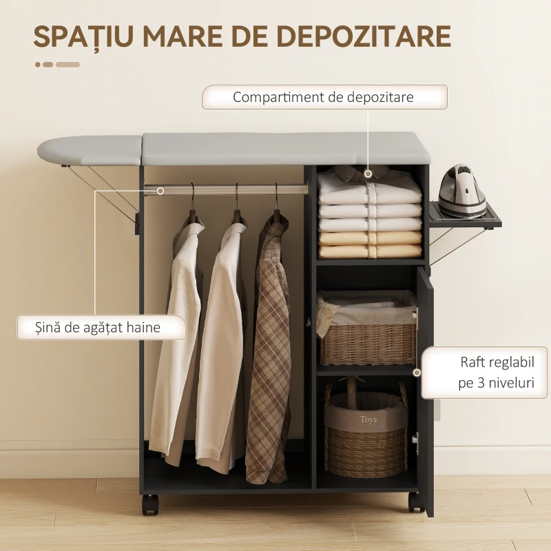HOMCOM Dulap pentru călcat cu blat cu aspect de in, 3 rafturi cub și suport, 127x42,5x99 cm, negru