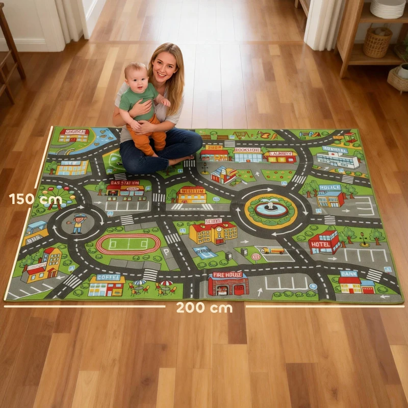 AIYAPLAY Krabbelmatte Baby, Spielmatte 200x150x0,5cm, Rutschfest Krabbeldecke mit Rutschfester Unterseite Stadtmotiv für Kinderzimmer