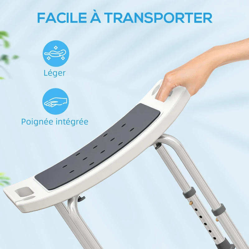 HOMCOM Siège de Douche réglable en Hauteur Tabouret de Douche Ergonomique Pieds antidérapants Charge Max. 135 Kg alu HDPE Gris