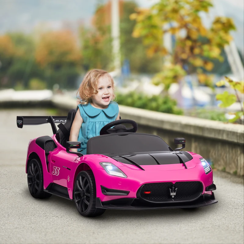 AIYAPLAY Coche Eléctrico para Niños de +3 Años Maserati GT2 con Mando a Distancia Faros LED Bocina Música Ruedas Auxiliares Rosa