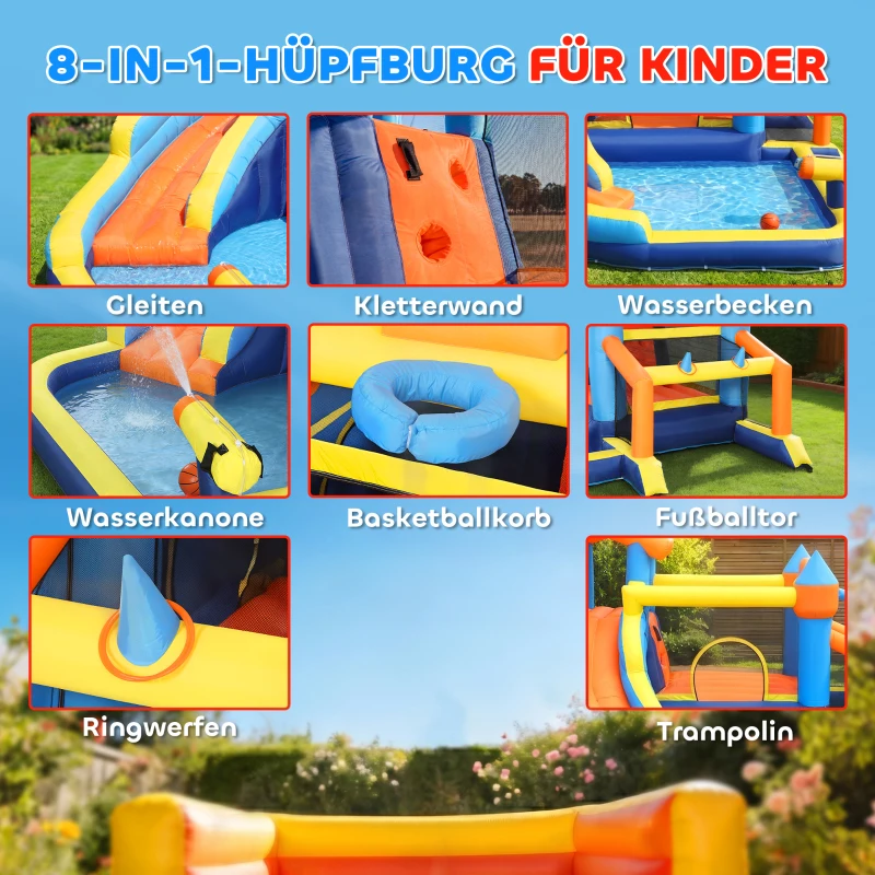 AIYAPLAY 8-in-1 Hüpfburg mit Gebläse Rutsche Planschbecken Trampolin Kletterwand für Indoor Outdoor 350x325x210cm Mehrfarbig