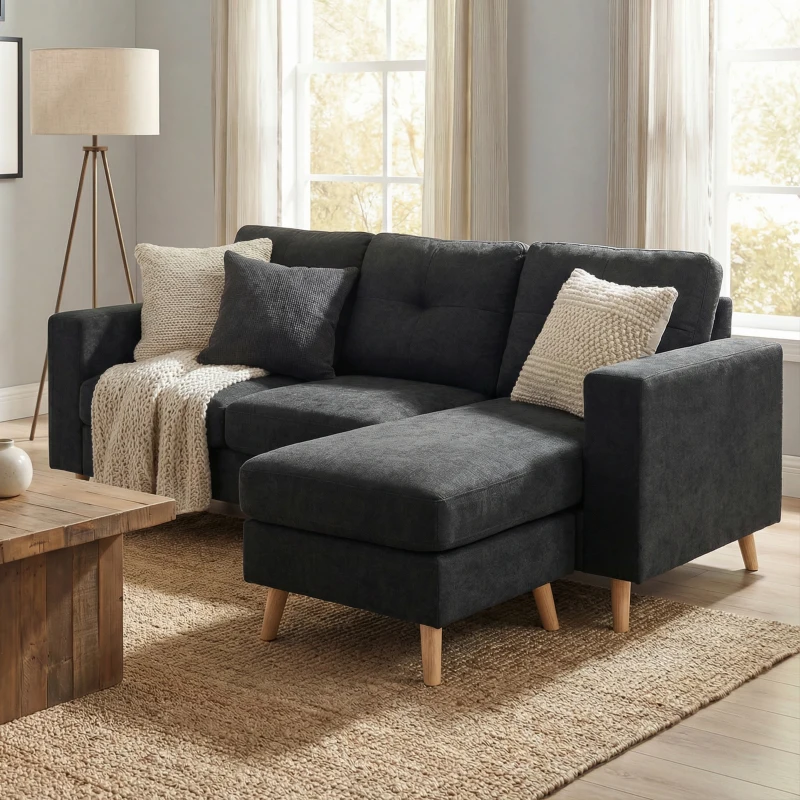 HOMCOM Divano 3 Posti ad Angolo con Penisola Reversibile e Cuscini, in Tessuto Effetto Lino, 193x136x85 cm, Nero