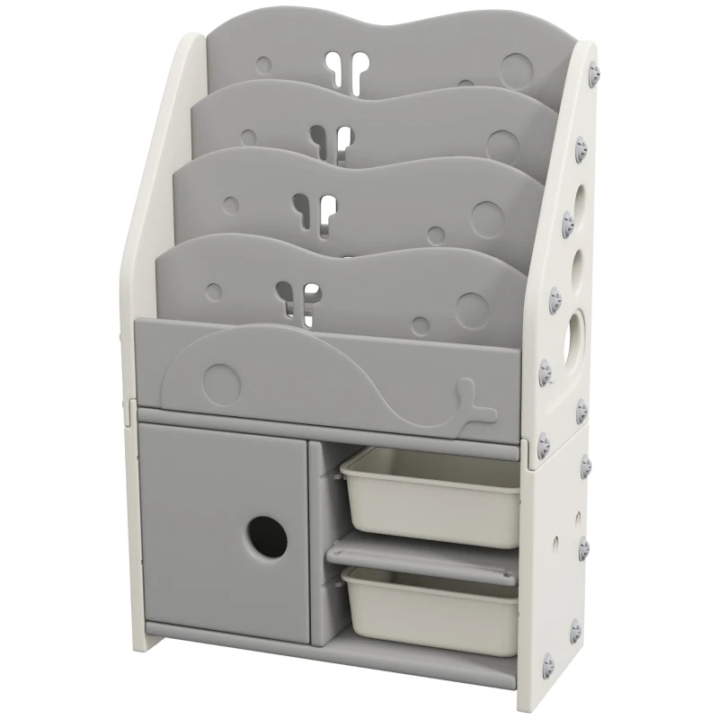 AIYAPLAY Kinderschrank, 4 Regalböden, 2 Aufbewahrungsboxen, HDPE, 67x29x98cm, Hellgrau