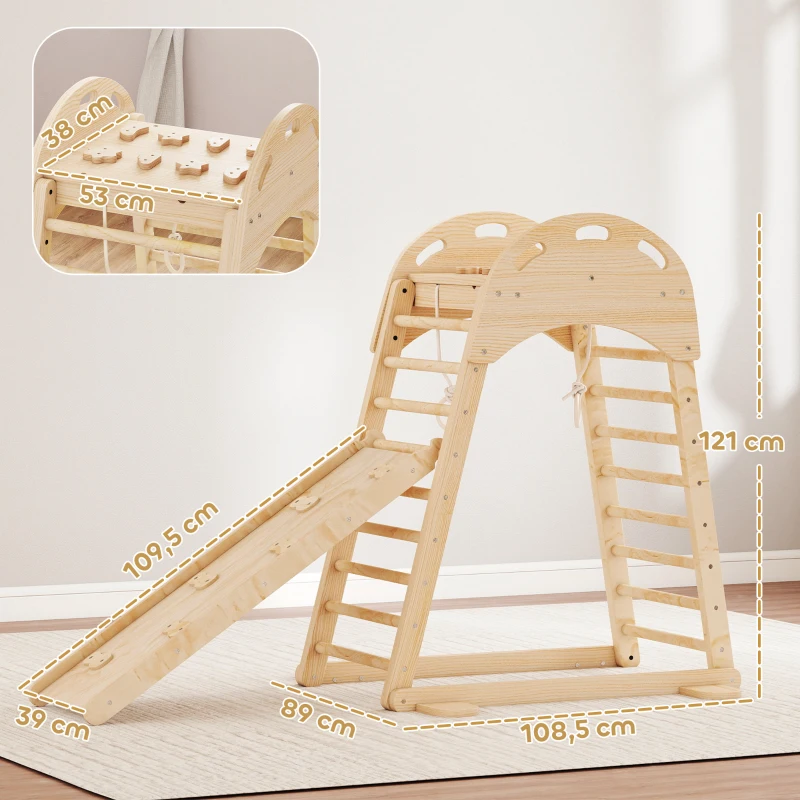 AIYAPLAY Triângulo de Escalada Montessori 6 em 1 Estrutura de Madeira com Plataforma Anéis e Escorrega para Escalar ou Deslizar Madeira