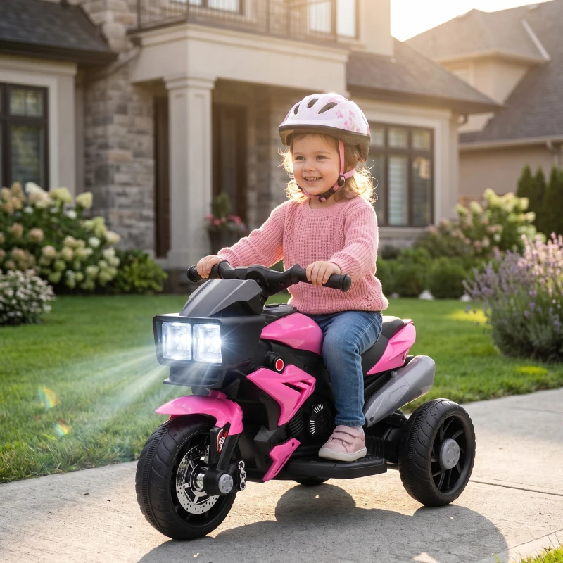 AIYAPLAY Kids Electric Motorcycle Ride-On Toy, 3-Wheel Battery-Operated Motorbike with Horn, Toddler Ride On Bike, Pink