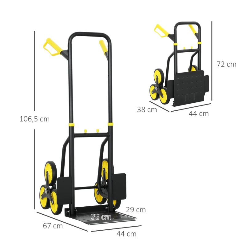 DURHAND Diable d'escalier pliable 120 kg 6 roues, diable demenagement en acier avec cordes télescopiques, 44x67x106,5cm, jaune