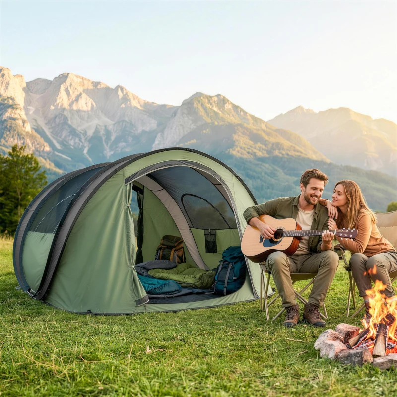 Outsunny Pop Up Zelt 4 Personen Tunnelzelt mit Schlafzimmer 2 Türen 2 Mesh-Fenstern Abnehmbarer Überzug Bodenplane, wasserdicht