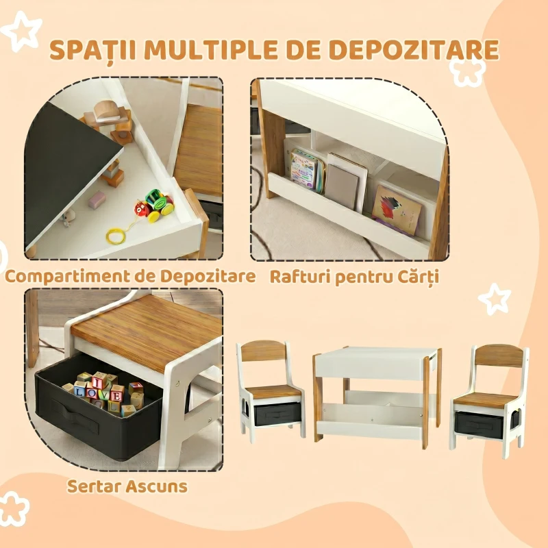 HOMCOM Set masă copii 3 în 1 cu 2 scaune, tablă detașabilă, bibliotecă și cutii textile, natur, 3-8 ani