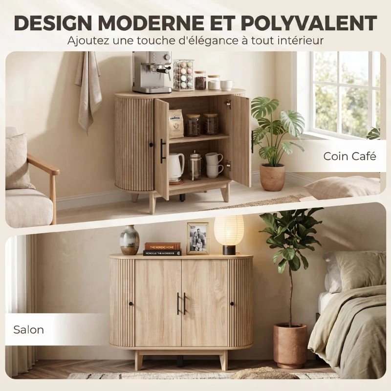 HOMCOM Buffet salon, meuble de rangement ovale avec 4 portes et étagère réglable, 90 x 40 x 76 cm, chêne