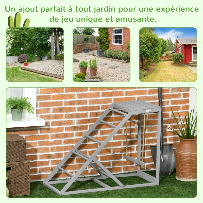 PawHut Perchoir en bois pour poule, aire de jeux en bois pour poules avec balançoire, échelle, plateforme, 96 x 40 x 71 cm, gris
