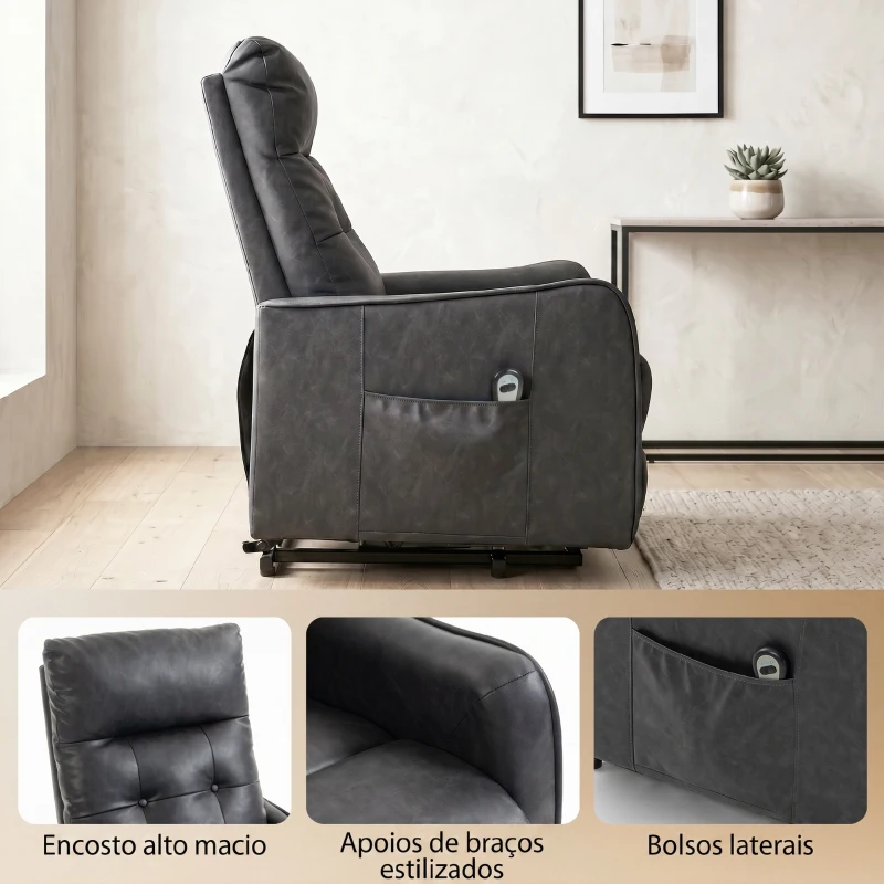 HOMCOM Poltrona Relax Reclinável Elétrica Elevatória em Couro PU com Controlo Remoto, Assento com Molas, Apoio para os Pés, Cinzento