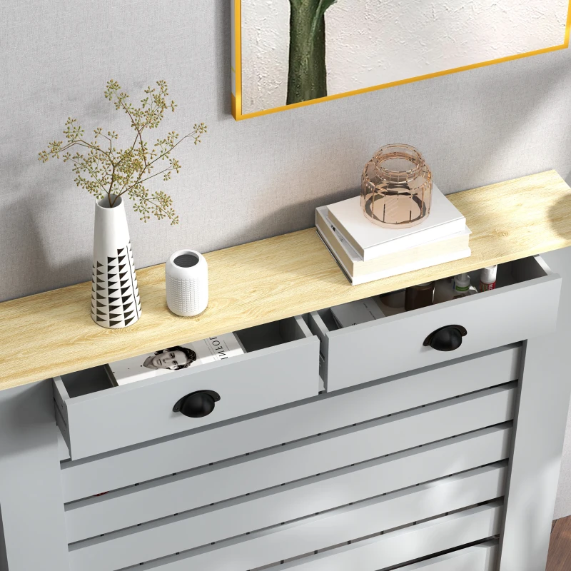 HOMCOM Copritermosifone in MDF a Doghe, Copricalorifero a Griglia con 2 Cassetti, 111x19x95.5 cm, Grigio