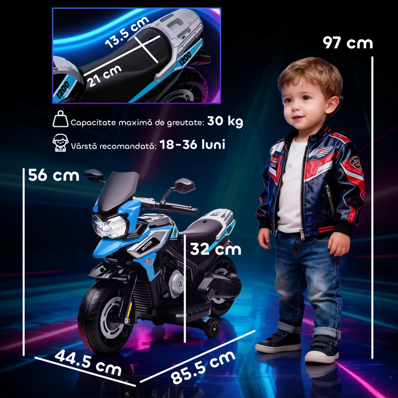 AIYAPLAY Motocicletă Electrică pentru Copii cu Roți Ajutătoare, Oglinzi și Suporturi pentru Picioare, din PP și Metal, 85.5x44.5x56 cm, Albastră