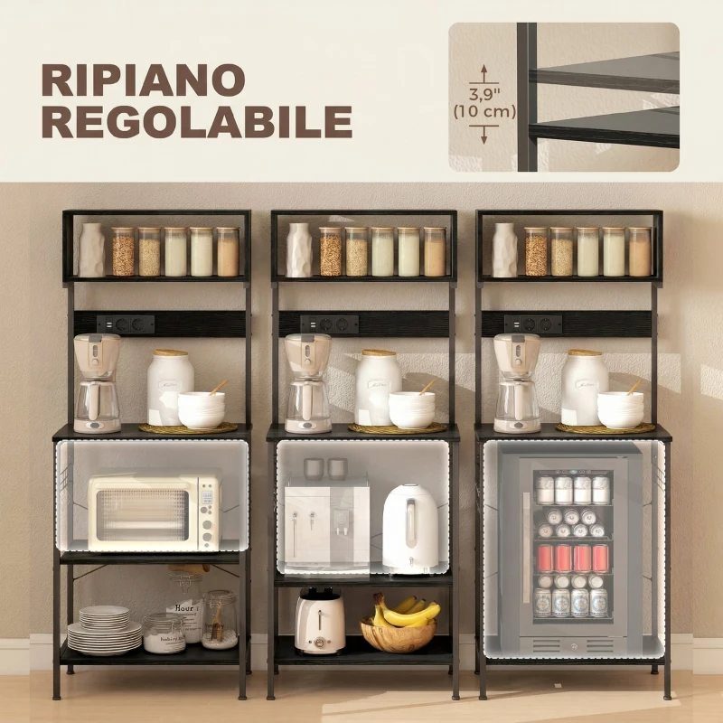 HOMCOM Scaffale da Cucina con Multipresa per Microonde con Ripiani e Ganci Stile Industriale, Legno e Acciaio, Nero