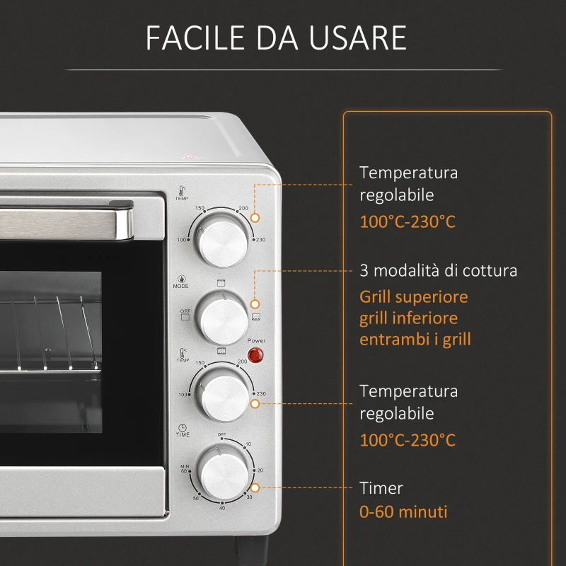 HOMCOM Fornetto Elettrico da 32L Regolazione Temperatura e Timer, 3 Modalità di Cottura e Accessori, Argento