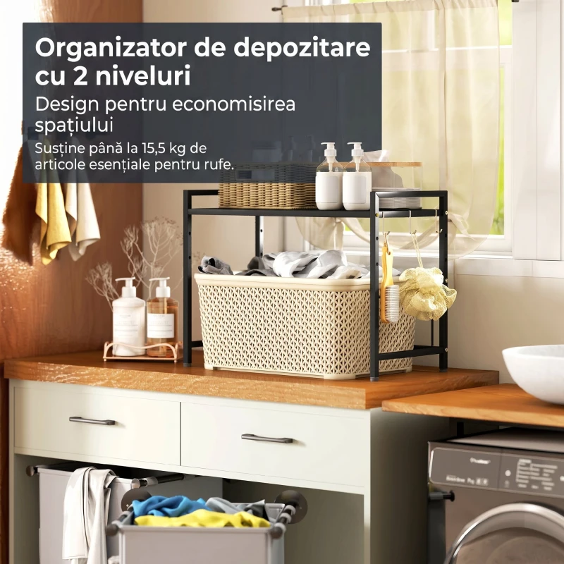 HOMCOM Suport Extensibil pentru Cuptorul cu Microunde cu 2 Nivele și 3 Gănci, din Metal, 39.5-64x32x47.5 cm, Negru