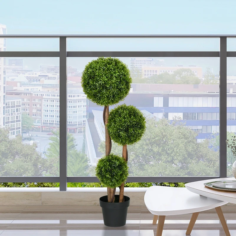 HOMCOM Künstlicher Buchsbaum groß 110cm, UV-beständige Kunstpflanze mit 3 Kugeln für Wohnzimmer Schlafzimmer Büro Garten