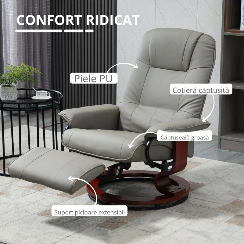 HOMCOM Fotoliu relax Fotoliu TV Fotoliu recliner Piele ecologică Scaun rotativ 360° Înclinat 145° Gri 78 x 87 x 100 cm