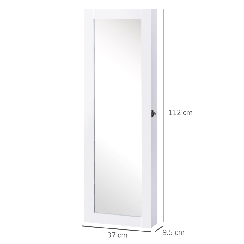 HOMCOM Specchio Portagioie da Parete con Ganci e Scompartimenti in Legno, Armadietto Portagioie con Specchio per Orecchini, Collane e Anelli, 37x9.5x112 cm, Bianco