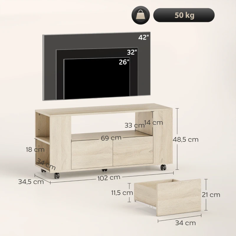 HOMCOM Meuble TV sur roulettes 102 cm, meuble télé pour téléviseur jusqu'à 42 pouces, 2 tiroirs, compartiments ouverts, naturel(m-3)