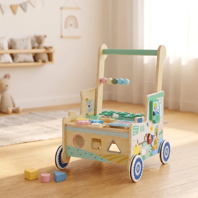 AIYAPLAY Andador de Madera para Bebé, Carrito de Paseo para Bebé, Centro de Actividades, Espacio de Almacenamiento, Verde