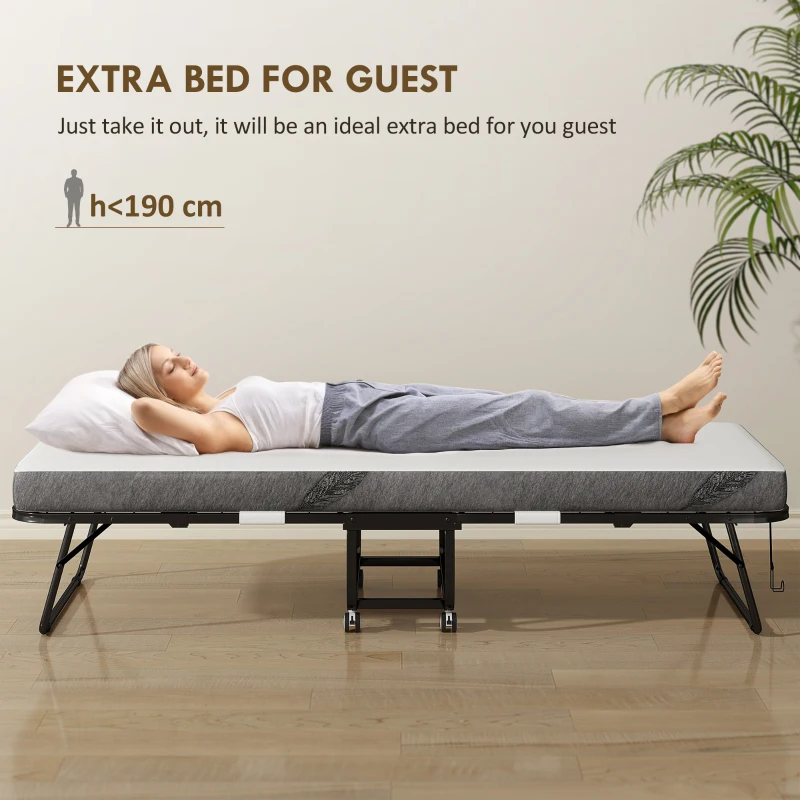 HOMCOM Folding Bed with 10cm Mattress, Portable Foldable Guest Bed with Sturdy Metal Frame on Wheels