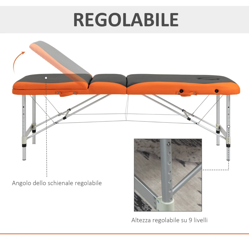 HOMCOM Lettino da Massaggio Pieghevole ad Altezza Regolabile, Lettino Professionale per Massaggi in Alluminio e Plastica, 215x81x61-84 cm, Nero e Arancione