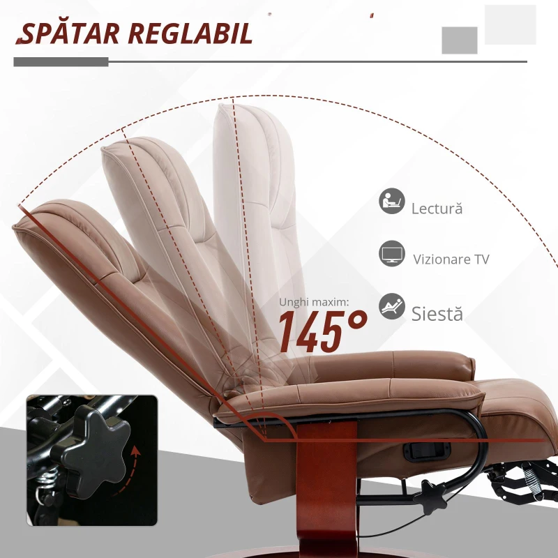 HOMCOM Fotoliu de relaxare, 145° reglabil, suport de picioare ajustabil, piele ecologică, 360° rotativ, până la 120 kg, Maro
