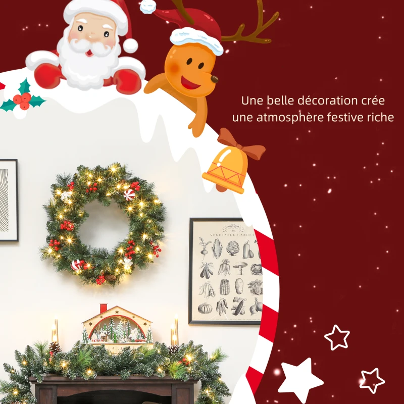 HOMCOM Couronne de Noël lumineuse 60 cm avec 50 LED, minuterie, 146 pointes, pommes de pin, baies, boules décoratives, vert