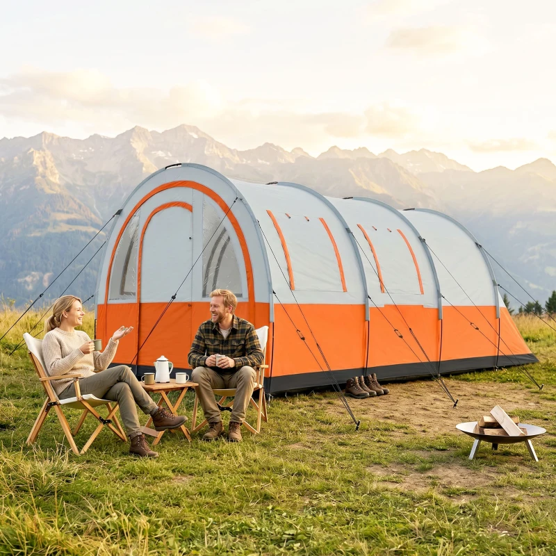 Outsunny Three Man Duo Room Tunnel Tent, with Accessories - Cream/Orange