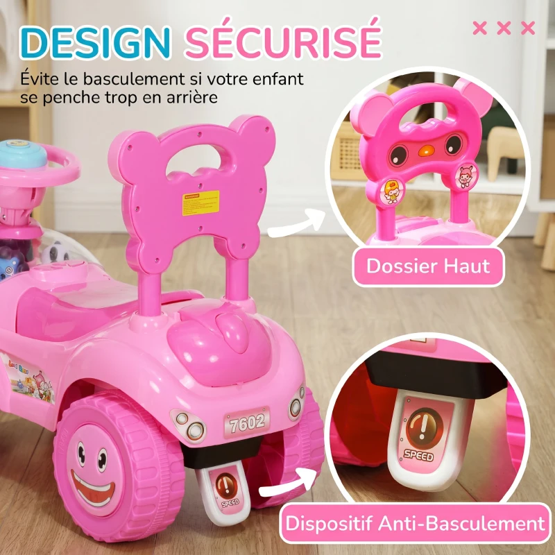 AIYAPLAY Voiture Porteur pour Enfants, Véhicule à Pousser avec Klaxon, Lumières, Musique, Volant, Rangement Sous le Siège, Rose