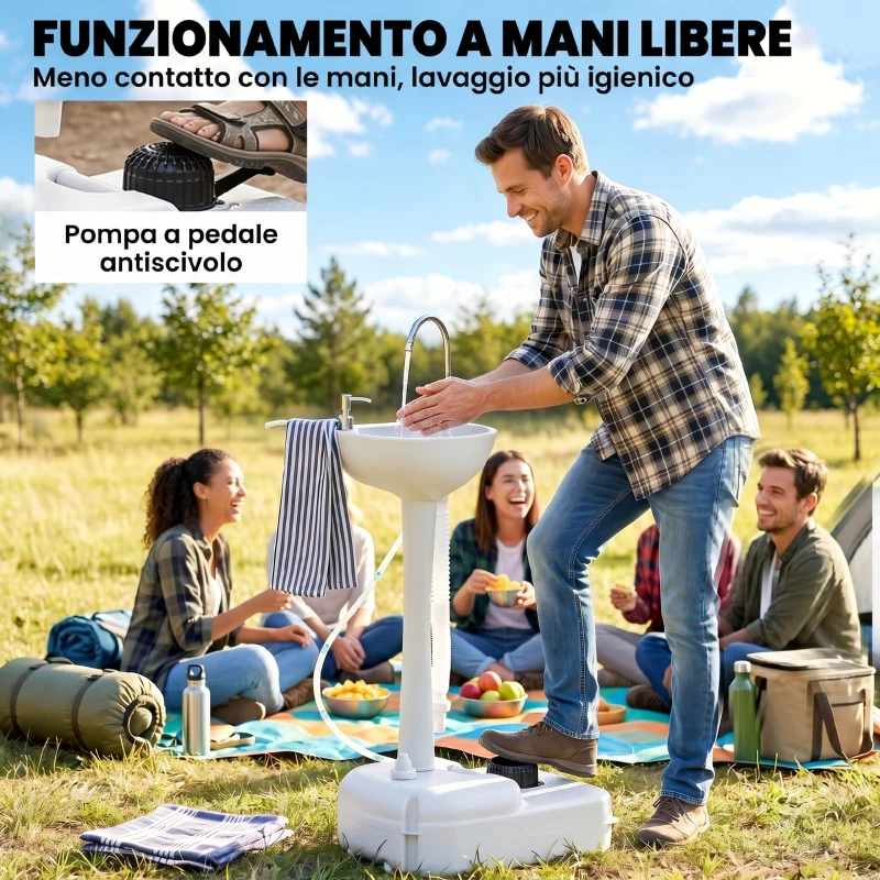 Outsunny Lavabo Portatile da Campeggio con 2 Ruote, Serbatoio Acqua 17L e Serbatoio Sapone 2.5L, 51x33.5x103cm
