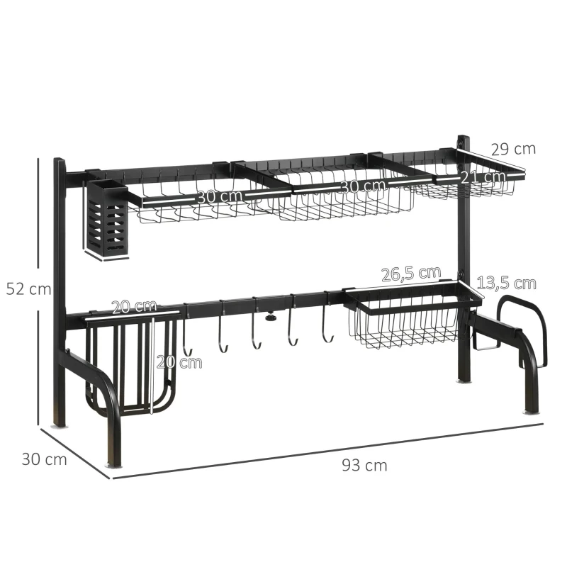 HOMCOM Suport pentru vase, ajustabil în lungime 51-93 cm, multe elemente, aranjament flexibil, 93 x 30 x 52 cm, negru