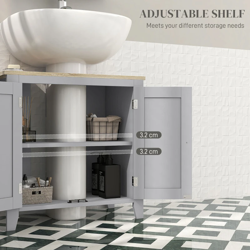 kleankin Under Sink Cabinet, Bathroom Sink Cabinet with 2 Doors, Pedestal Under Sink Design, Freestanding Bathroom Cupboard with Adjustable Shelf, Grey