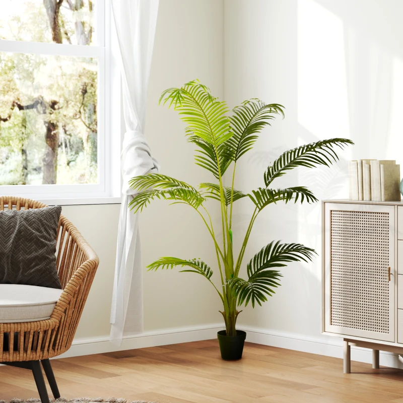 HOMCOM Palmeira Areca Artificial 170cm Planta Artificial com 11 Folhas Realistas e Vaso de Plástico Ø15x170 cm Verde