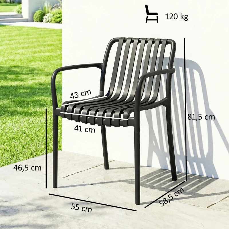 Outsunny Juego de 4 Sillas de Jardín Exterior Apilables de PP con Respaldo Curvado Asiento de Listones 55x58,5x81,5 cm Negro