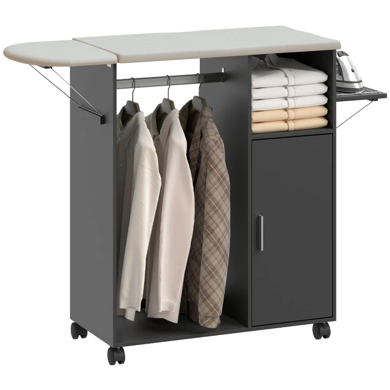 HOMCOM Dulap pentru călcat cu blat cu aspect de in, 3 rafturi cub și suport, 127x42,5x99 cm, negru