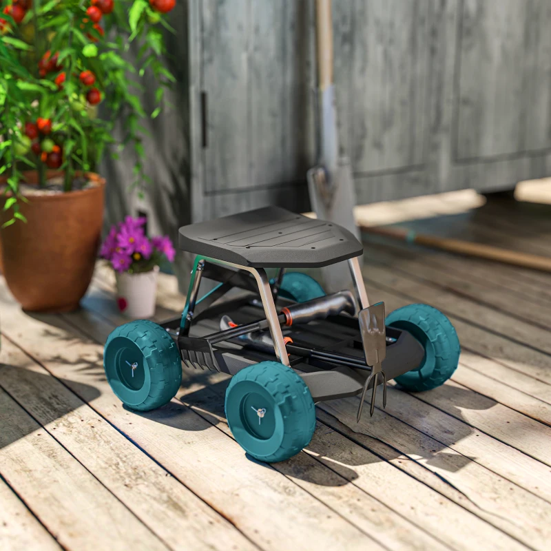 Outsunny Siège de jardin sur roues tabouret de jardinage plateau à outils pour désherber planter 50 x 49 x 32 cm vert foncé