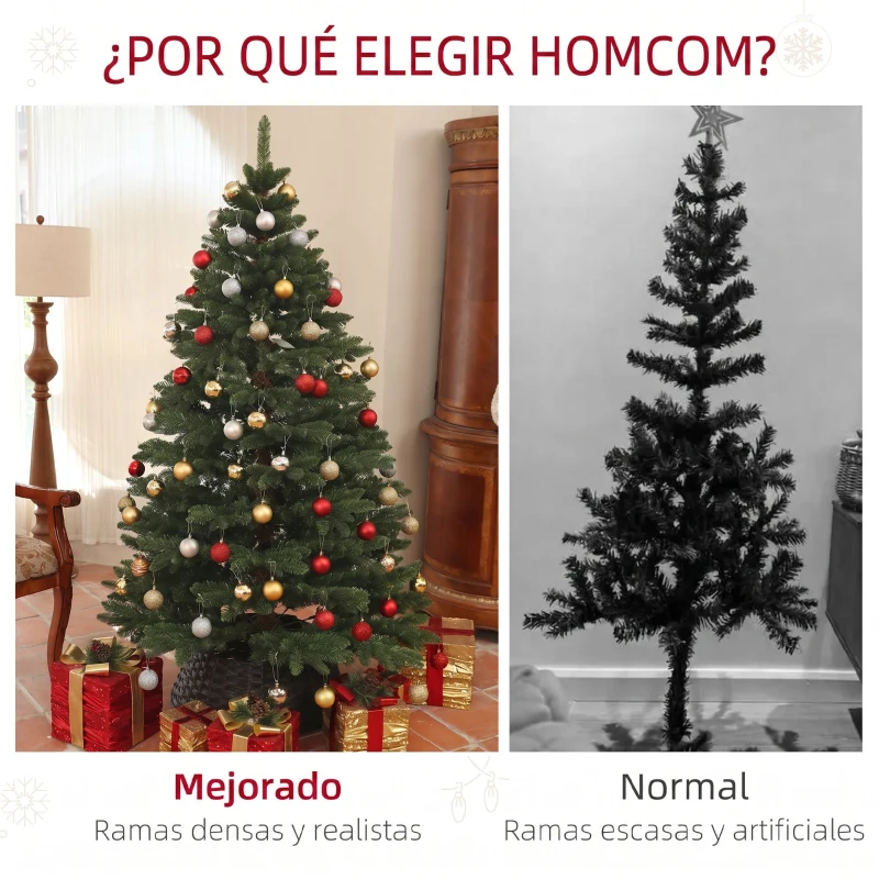 HOMCOM Árbol de Navidad Artificial 180 cm con 1050 Ramas y Base de Acero Plegable Montaje Rápido para Salón Interior Verde