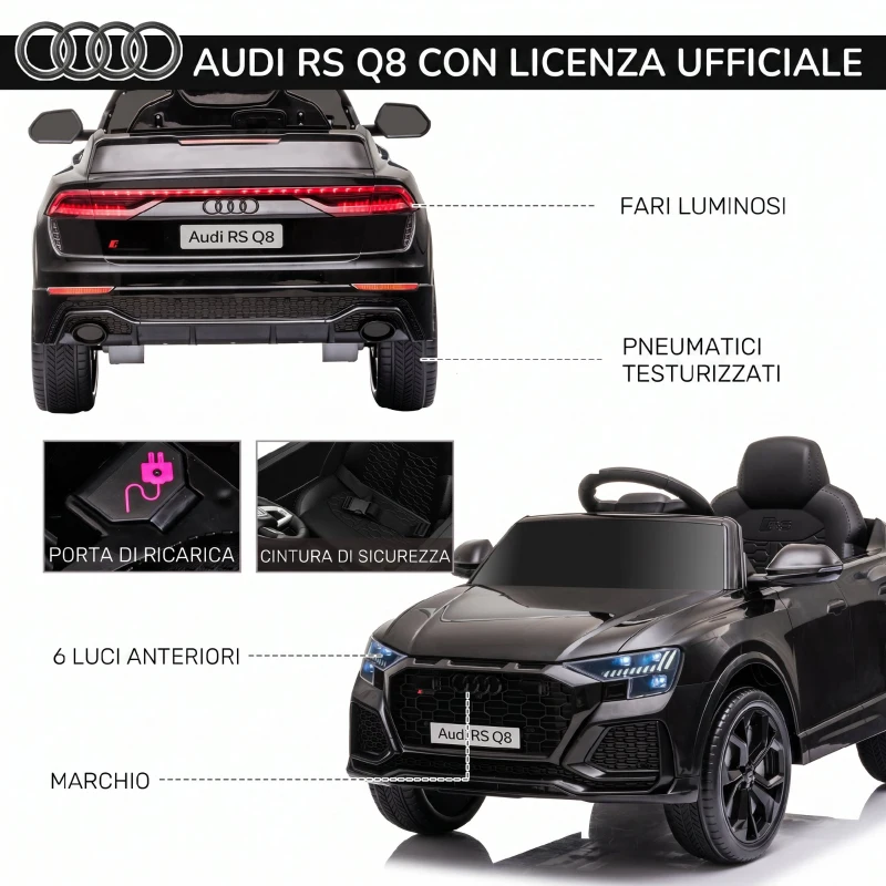 HOMCOM Macchina Elettrica per Bambini 3-5 Anni 6V Audi RS Q8 Autentica, 1.5-3km/h, con Telecomando e Musica, Nero