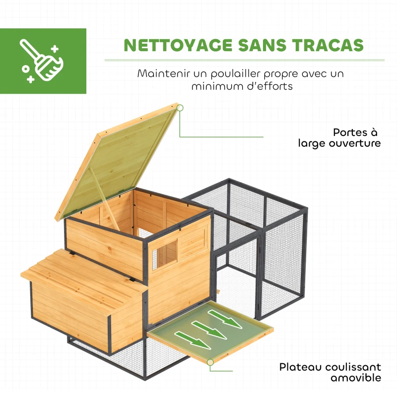 PawHut Poulailler cage à poule en bois et acier avec enclos pondoir tiroir à déjection et toit ouvert 192x81,5x104cm orange