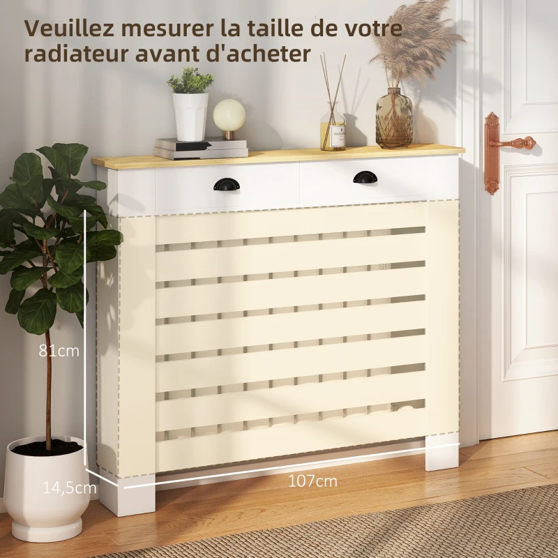 HOMCOM Couvercle de radiateur cache radiateur grille à lattes horizontales avec 2 tiroirs en bois 111l x 19P x 95,5H cm blanc