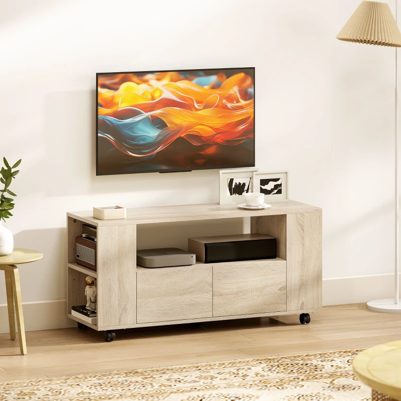 HOMCOM Meuble TV sur roulettes 102 cm, meuble télé pour téléviseur jusqu'à 42 pouces, 2 tiroirs, compartiments ouverts, naturel(m-10)