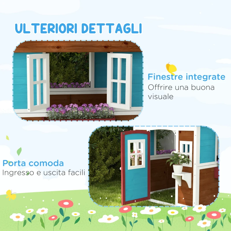 Outsunny Casetta per Bambini 3-8 Anni con Tetto Inclinabile, Vasi e Fioriere, in Legno di Abete, 114x126.4x135 cm