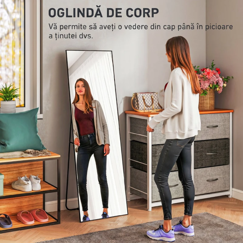 HOMCOM Oglindă de Podea Modernă, Întreagă, Design Autoportant sau de Perete, 40x150 cm, Negru